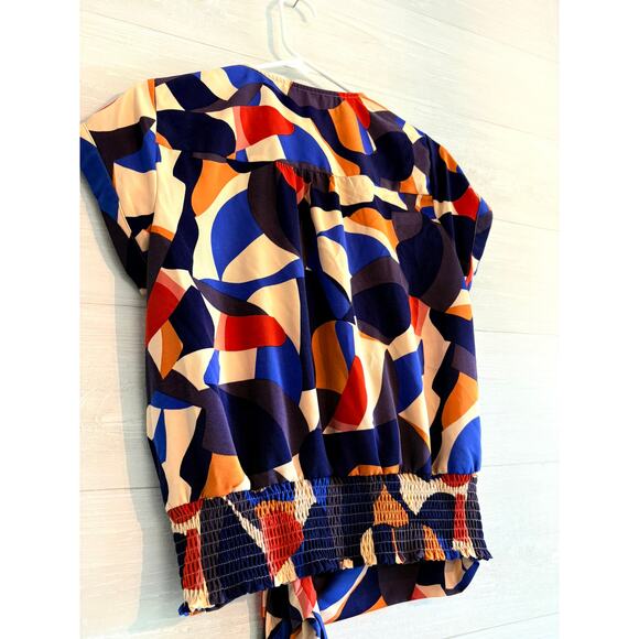 Nine West Short Sleeve Faux Wrap Tie Waist Multicolor Geo Blouse-Size S - Picture 4 of 5